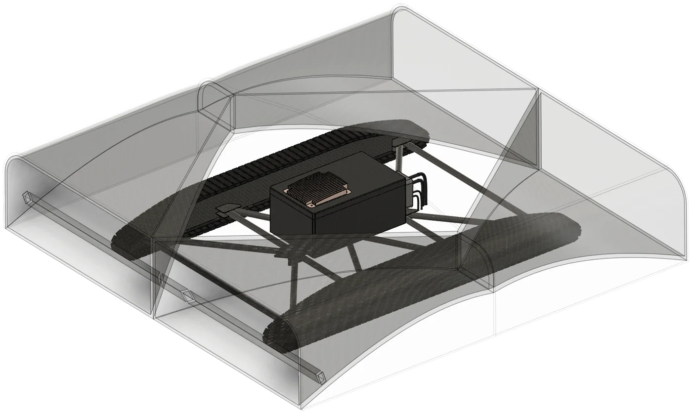 Render of the cleaning unit: a translucent venturi shroud over a tracked drive, with the core module on top.