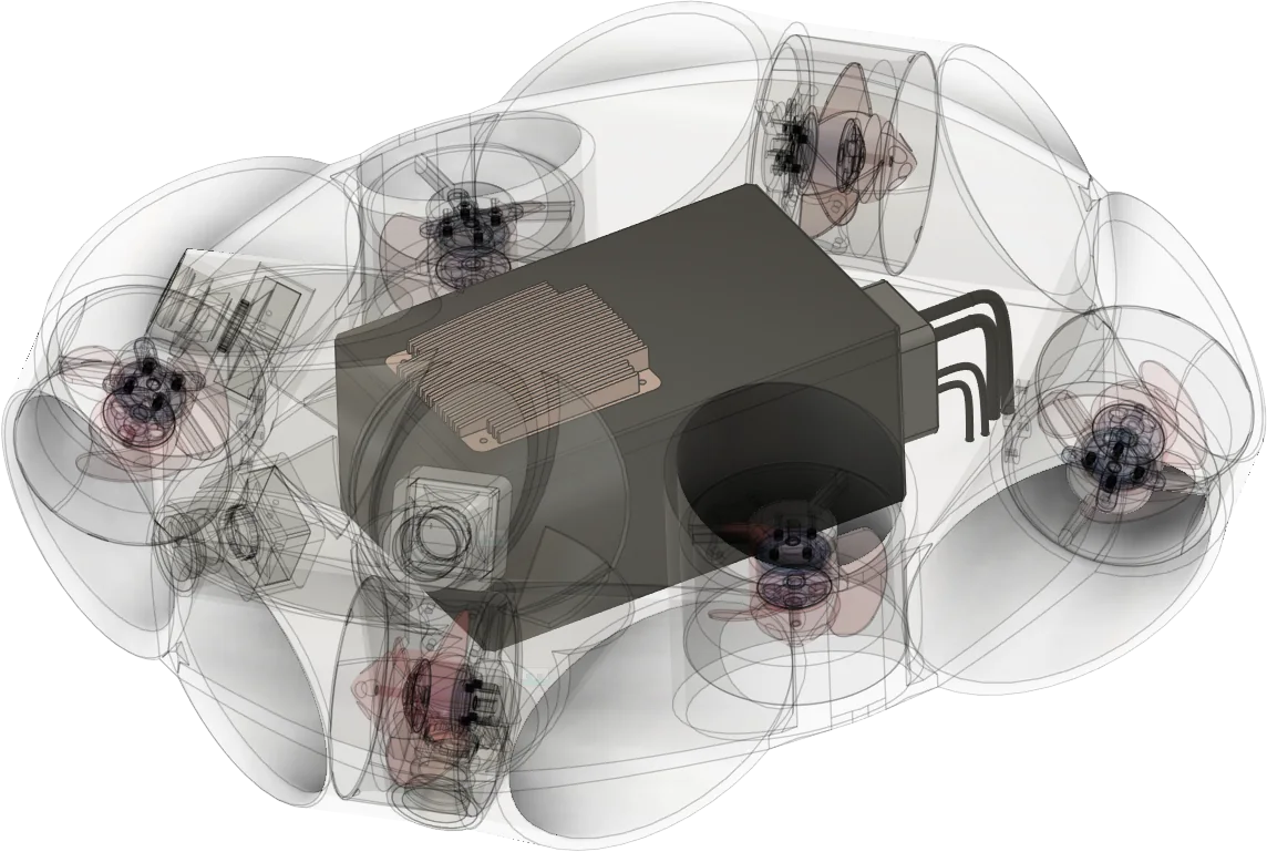 Render of the redesigned inspection unit: a translucent hydrodynamic shell with six ducted thrusters around the core module.