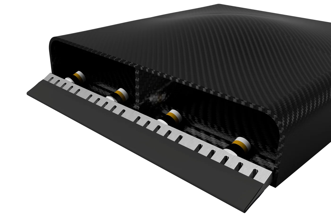CAD render of the ultrasonic oscillating polymer scraper spanning the mouths of the venturi tunnels.