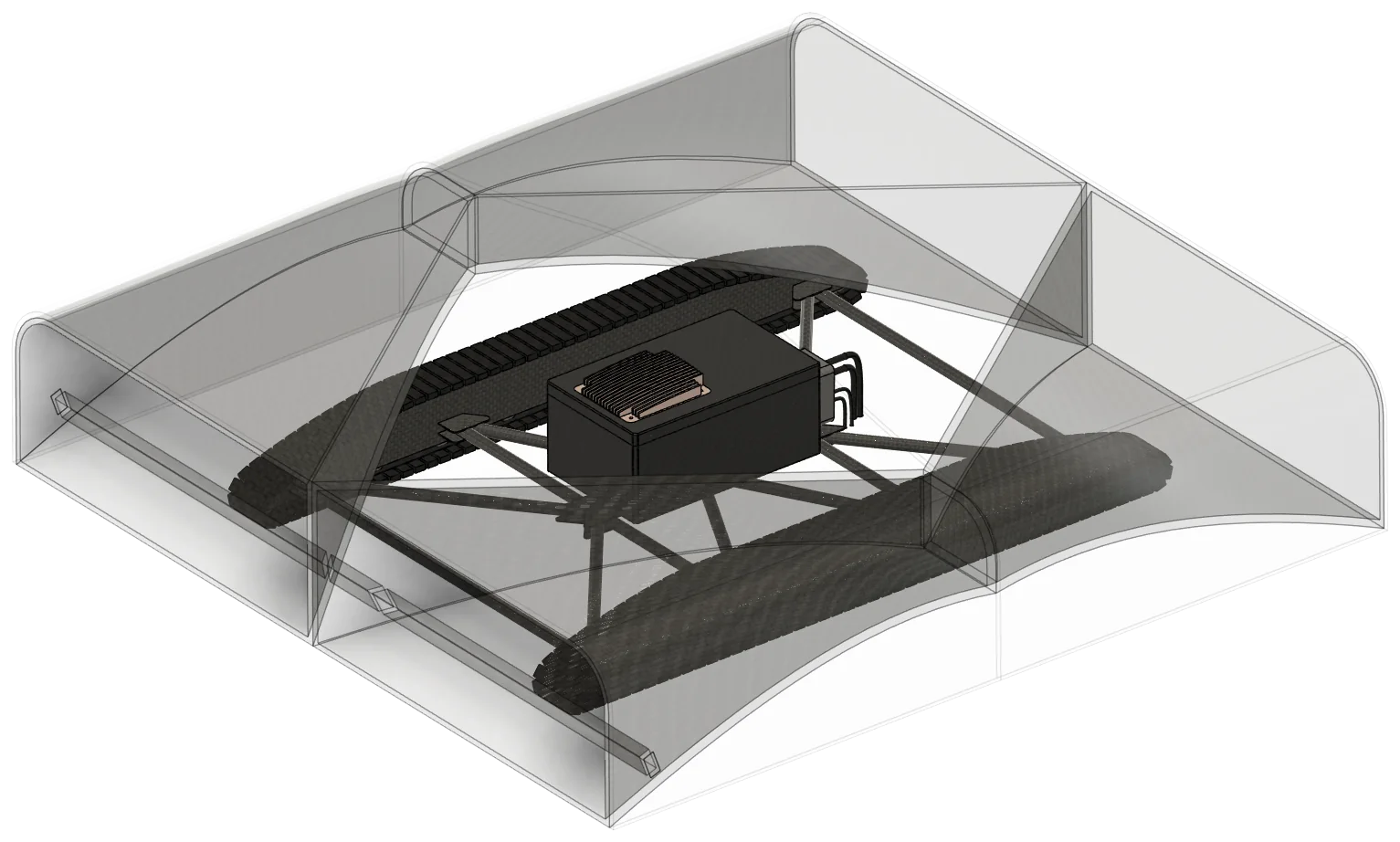 CAD render of the cleaning unit's translucent venturi shroud over the tracked drive.
